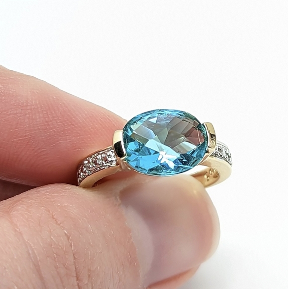 Ross-Simons Jewelry - Sterling silver gold plated ring with oval blue gemstone 925